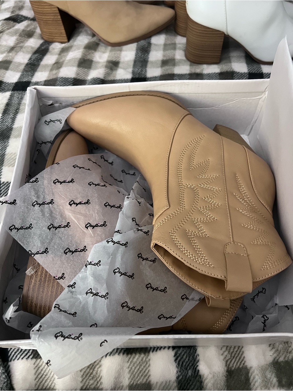 Cupid Beige/Tan Western Ankle Booties with Stacked Heel